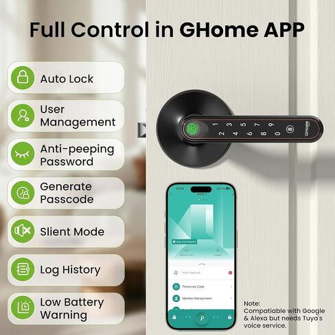 GHome Smart Fingerprint Door Knob with Lock, 4-in-1 Door Lock for Bedroom | Fingerprint Door Lock with Keypad, App Control, Auto Lock, Keyless Entry Door Lock with Handle, Biometric Door Knob for Home in Saudi Arabia