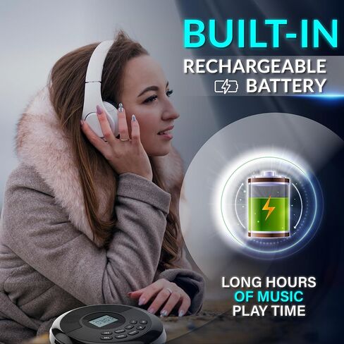 CD Player Portable Rechargeable Battery Bulit-in - Wireless, Dual Speakers Anti-Skip Protection - Compatible MP3 USB- Black in Saudi Arabia