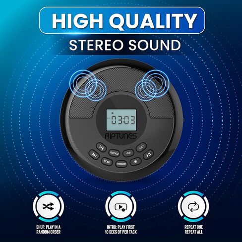 CD Player Portable Rechargeable Battery Bulit-in - Wireless, Dual Speakers Anti-Skip Protection - Compatible MP3 USB- Black in Saudi Arabia