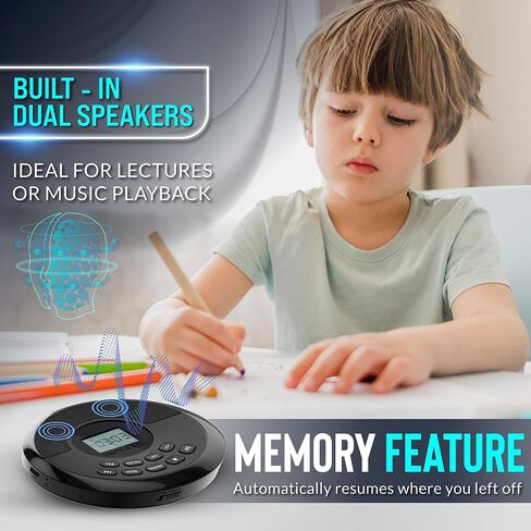 CD Player Portable Rechargeable Battery Bulit-in - Wireless, Dual Speakers Anti-Skip Protection - Compatible MP3 USB- Black in Saudi Arabia