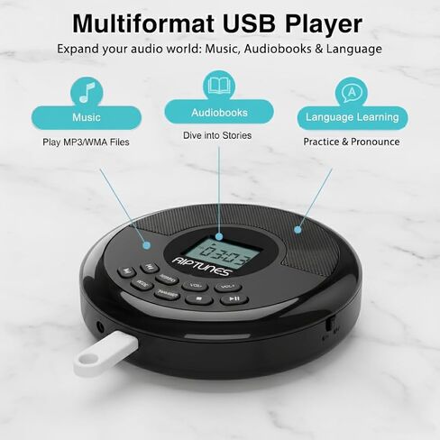 CD Player Portable Rechargeable Battery Bulit-in - Wireless, Dual Speakers Anti-Skip Protection - Compatible MP3 USB- Black in Saudi Arabia