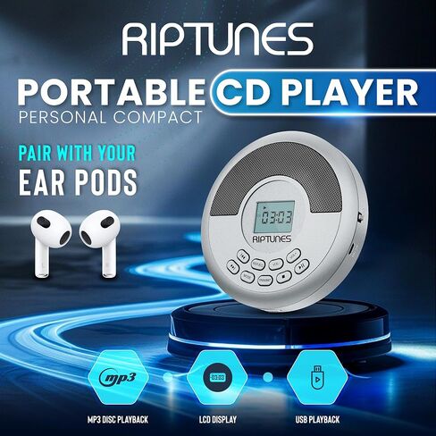 CD Player Portable Rechargeable Battery Bulit-in - Wireless, Dual Speakers Anti-Skip Protection - Compatible MP3 USB- Silver in Saudi Arabia