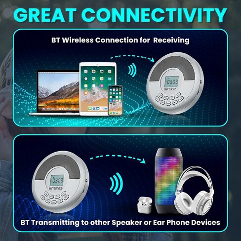 CD Player Portable Rechargeable Battery Bulit-in - Wireless, Dual Speakers Anti-Skip Protection - Compatible MP3 USB- Silver in Saudi Arabia