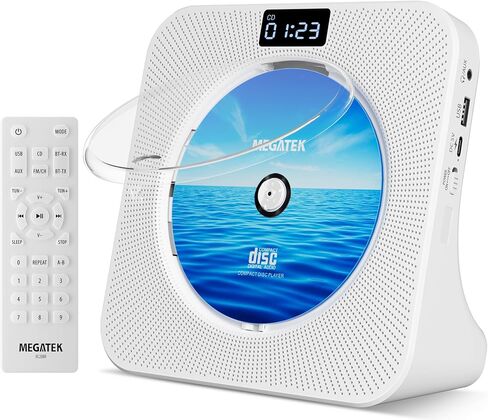 MEGATEK Portable CD Player with Bluetooth RX/TX, FM Radio & USB - White | Desktop Design, HiFi Stereo Speakers, Front Display, Headphone Jack, Sleep Timer, Remote, USB-C Adapter Included in Saudi Arabia