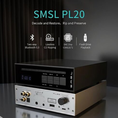 SMSMSL PL20 CD Player CS43131×2 Chip CD Ripper Bluetooth USB Ripping Silver | USB Drive/Bluetooth Input RCA/3.5mm/4.4mm Headphone/Optical/Coaxial/BT Output with Remote Control for Home Audio/Car/Amp in Saudi Arabia