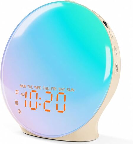 JALL Full Screen Dimmer Sunrise Alarm Clocks for Bedrooms, Wake Up Light with FM Radio, 25 White Noise Sleep Sounds, Bluetooth Speaker, Dual Alarms Bedside Clock for Heavy Sleepers in Kuwait
