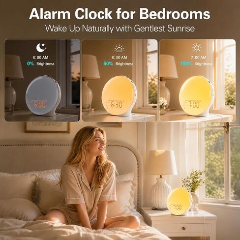 JALL Full Screen Dimmer Sunrise Alarm Clocks for Bedrooms, Wake Up Light with FM Radio, 25 White Noise Sleep Sounds, Bluetooth Speaker, Dual Alarms Bedside Clock for Heavy Sleepers in Kuwait