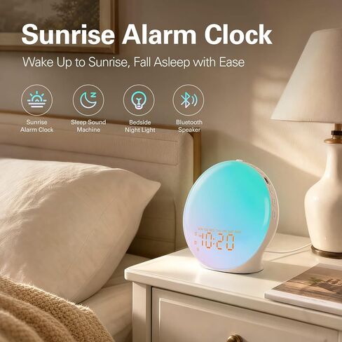 JALL Full Screen Dimmer Sunrise Alarm Clocks for Bedrooms, Wake Up Light with FM Radio, 25 White Noise Sleep Sounds, Bluetooth Speaker, Dual Alarms Bedside Clock for Heavy Sleepers in Kuwait