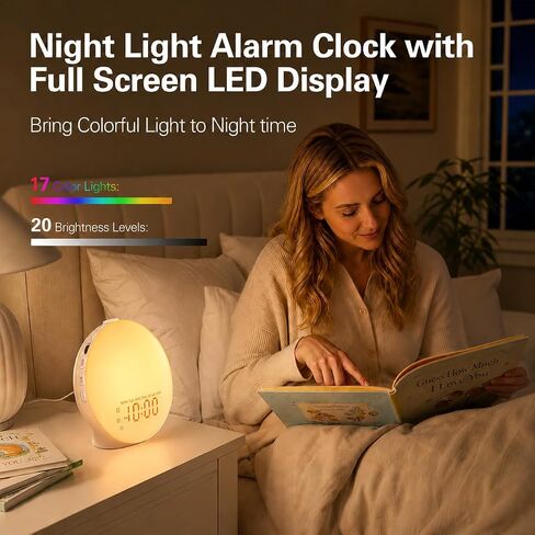 JALL Full Screen Dimmer Sunrise Alarm Clocks for Bedrooms, Wake Up Light with FM Radio, 25 White Noise Sleep Sounds, Bluetooth Speaker, Dual Alarms Bedside Clock for Heavy Sleepers in Kuwait