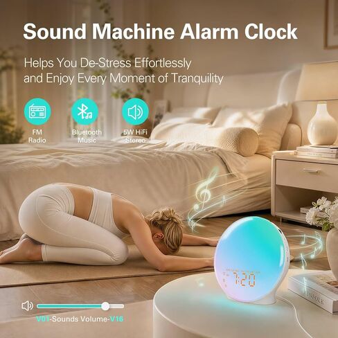 JALL Full Screen Dimmer Sunrise Alarm Clocks for Bedrooms, Wake Up Light with FM Radio, 25 White Noise Sleep Sounds, Bluetooth Speaker, Dual Alarms Bedside Clock for Heavy Sleepers in Kuwait
