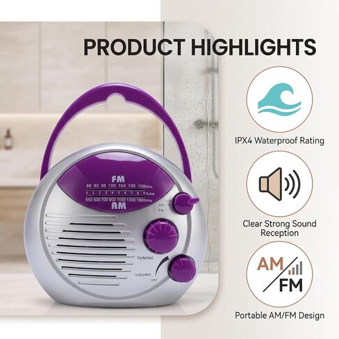 Water Proof Shower Radio, Portable AM FM Radio IPX4, Hanging Radio | Shower Radio Clear Sound, 20 Stations,FM: 88-108MHz AM: 530-1600KHz for Bathroom, Kitchen, Outdoor, Beach, Battery Powered in Saudi Arabia
