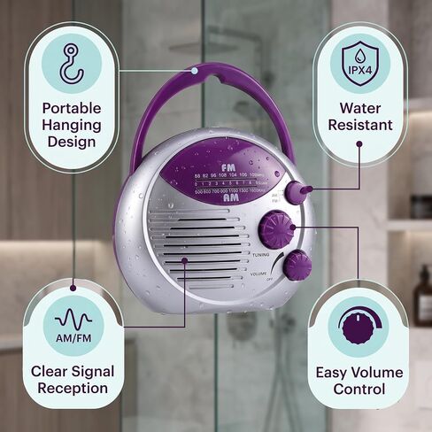 Water Proof Shower Radio, Portable AM FM Radio IPX4, Hanging Radio | Shower Radio Clear Sound, 20 Stations,FM: 88-108MHz AM: 530-1600KHz for Bathroom, Kitchen, Outdoor, Beach, Battery Powered in Saudi Arabia