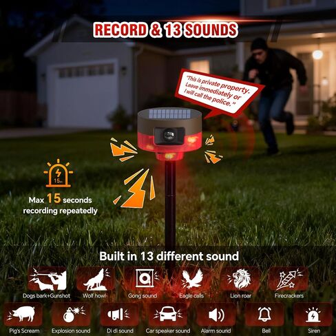 Solar Outdoor Motion Sensor Alarm-Dog Barking or Gunshot Sound | 130dB Noise, 13 Sounds & 360° Motion Detector Alarm Support Recording , with Remote Controller for Home, Villa,Chicken coop in Saudi Arabia