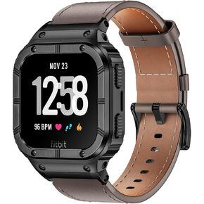 BAITEYOU Leather Bands with Stainless Steel Case Compatible with Fitbit Versa 1 2 3 4 Lite Sense 2 1 Protective case for men in Saudi Arabia