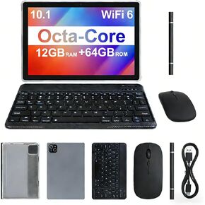 2026 Latest Tablet, 12GB RAM 64GB ROM, Octa-Core Processor 10.1" HD IPS Touchscreen Android Tablets, 2 in 1 Tablet with Keyboard, Mouse, Stylus, Case, 6000mAh Battery, WiFi 6, BT 5.4 in Kuwait