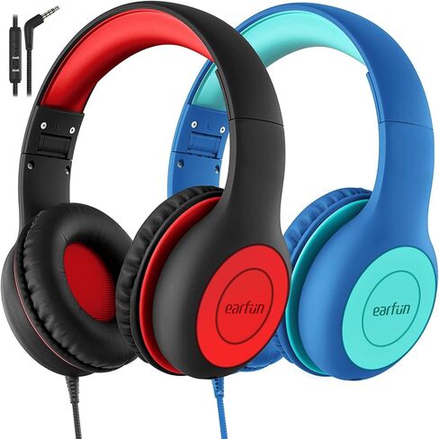 EarFun K1 Kids Headphones Wired with Mic, Volume Limit Headphones for Kids | Portable Wired Headphone with Shareport, Stereo Sound, Foldable Headset for School/Toddler/Tablet/iPad/Kindle, Black Red in Kuwait