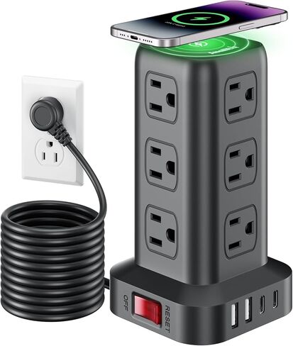 Extension Cord with Multiple Outlets, SMALLRT Power Strip Tower with USB Ports 12 AC Outlets, PD 20W USB C, 15FT Outlet Extender for Home Dorm, Office Supplies, Overload Protection in Saudi Arabia