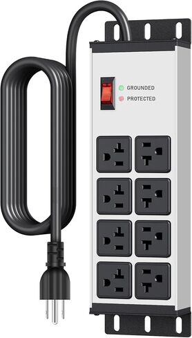 JUNNUJ Heavy Duty Surge Protector, 12 Gauge Extension Cord, Black, 4 FT | Metal Wall Mount 8 Outlets Power Strip, High Amp Outlet Extender for Garage Industrial Shop, 4800J in Kuwait