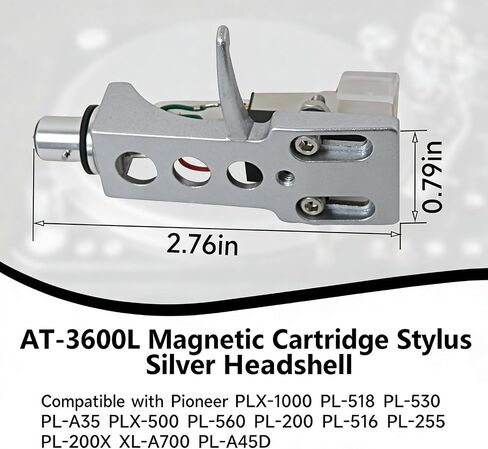 Silver Headshell with AT-3600L Magnetic Cartridge Stylus | Compatible with Pioneer PLX-1000 PLX-500 PL-518 PL-530 PL-560 PL-516 PL-255 PL-200 PL-200X PL-A35 PL-A45D XL-A700 in Saudi Arabia
