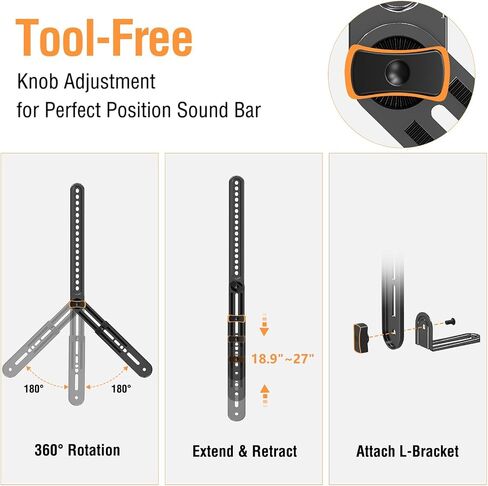 حامل مكبر الصوت ELIVED أسفل التلفزيون أو فوقه، ارتفاع قابل للتعديل بدون أدوات | حامل تلفزيون Universal Sound Bar، مع لوحات تمديد طويلة قابلة للفصل وأقواس على شكل حرف L، تتحمل ما يصل إلى 15 رطلاً in Kuwait