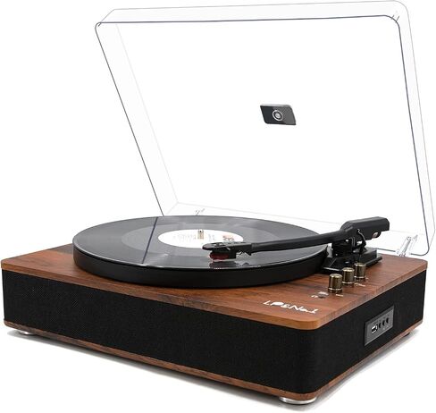 LP&No.1 Record Player with Stereo Speakers, 3-Speed Belt-Drive Turntable for Vinyl Records with Bluetooth Playback and Auto-Stop, Vinyl Record Player with USB Recording,Pitch Control,Walnut Wood in Saudi Arabia