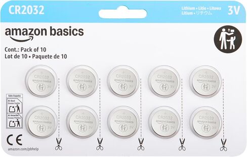 Amazon Basics CR2032 3V Lithium Coin Cell Batteries for Key Fob, Watch, Remote, Child-Proof Package, Non-Coated, AirTag Compatible, 10-Pack in Kuwait