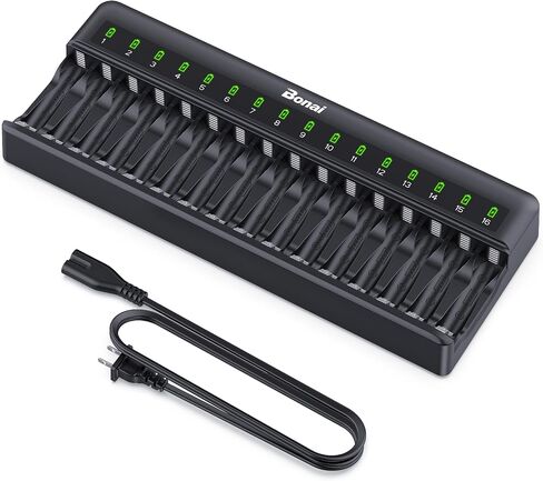BONAI AA AAA Battery Charger 16 Bay for NiMH Rechargeable Batteries Independent Control with LED Light and Standard American AC Charging Plug, Battery not Included - Black in Saudi Arabia