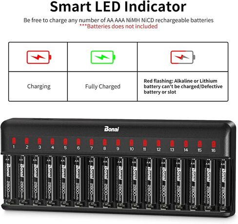 BONAI AA AAA Battery Charger 16 Bay for NiMH Rechargeable Batteries Independent Control with LED Light and Standard American AC Charging Plug, Battery not Included - Black in Saudi Arabia