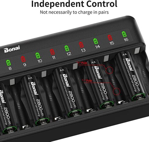 BONAI AA AAA Battery Charger 16 Bay for NiMH Rechargeable Batteries Independent Control with LED Light and Standard American AC Charging Plug, Battery not Included - Black in Saudi Arabia