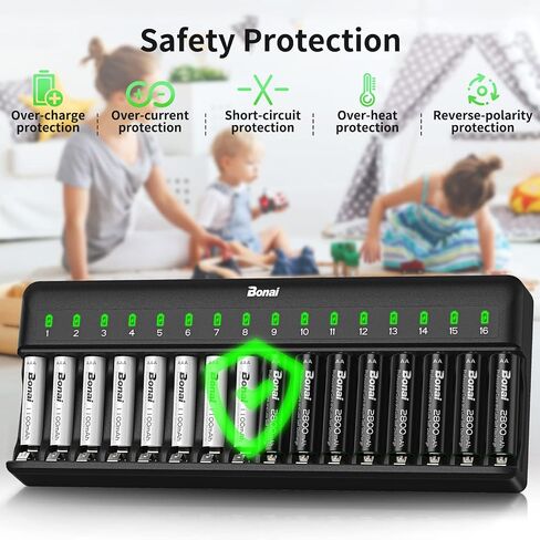 BONAI AA AAA Battery Charger 16 Bay for NiMH Rechargeable Batteries Independent Control with LED Light and Standard American AC Charging Plug, Battery not Included - Black in Saudi Arabia