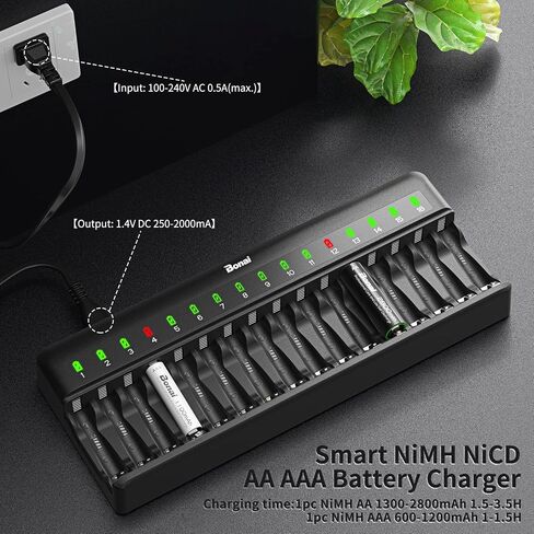 BONAI AA AAA Battery Charger 16 Bay for NiMH Rechargeable Batteries Independent Control with LED Light and Standard American AC Charging Plug, Battery not Included - Black in Saudi Arabia