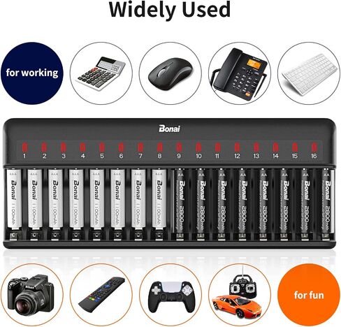 BONAI AA AAA Battery Charger 16 Bay for NiMH Rechargeable Batteries Independent Control with LED Light and Standard American AC Charging Plug, Battery not Included - Black in Saudi Arabia