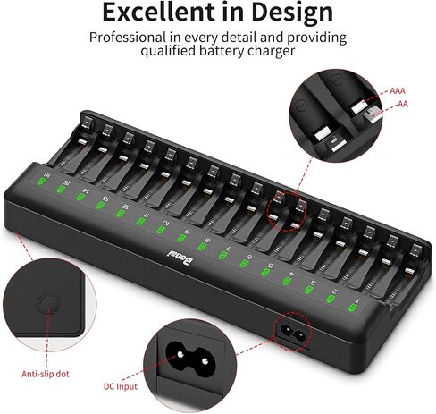 BONAI AA AAA Battery Charger 16 Bay for NiMH Rechargeable Batteries Independent Control with LED Light and Standard American AC Charging Plug, Battery not Included - Black in Saudi Arabia