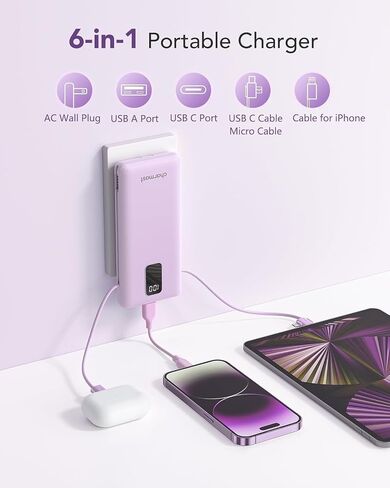 charmast Portable Charger Power Bank Built in Cables,10000mAh Battery Pack | with AC Wall Plug,LED Display & 5 Outputs,Travel Camping Essentials Slim External Phone Charger for iPhone,Samsung,Android in Saudi Arabia