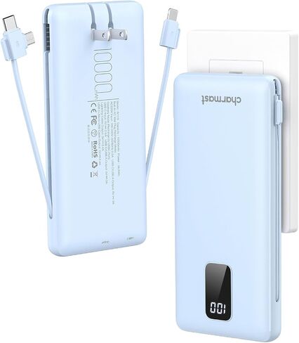 charmast Portable Charger Power Bank Built in Cables,10000mAh Battery Pack | with AC Wall Plug,LED Display & 5 Outputs,Travel Camping Essentials Slim External Phone Charger for iPhone,Samsung,Android in Saudi Arabia