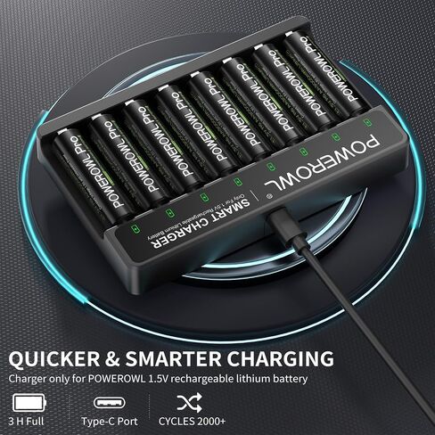 POWEROWL Rechargeable Lithium AA Batteries with Charger, 1.5V Output 3600mWh Double A Battery 8 Pack for Blink Outdoor Camera, Game Controller in Saudi Arabia