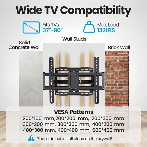 Full Motion TV Wall Mount 24 inch Studs for Most 42-86 Inch TVs, Adjustable TV Wall Mount Swivel and Tilt, Loading 110 LBS, Max VESA 600x400mm, Fits 16", 18", 24" Studs in Kuwait