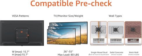 Amazon Basics Full Motion Articulating TV Wall Mount, with Swivel and Tilt, for 26" to 55" TVs and Flat Panels up to 80 Lbs, VESA Compatible, Single Stud, Black in Kuwait