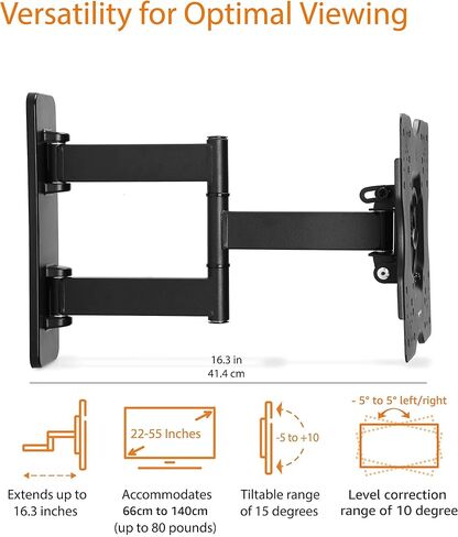 Amazon Basics Full Motion Articulating TV Wall Mount, with Swivel and Tilt, for 26" to 55" TVs and Flat Panels up to 80 Lbs, VESA Compatible, Single Stud, Black in Kuwait