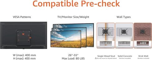 Amazon Basics Full Motion Articulating TV Wall Mount, with Swivel and Tilt, for 26" to 55" TVs and Flat Panels up to 80 Lbs, VESA Compatible, Single Stud, Black in Kuwait