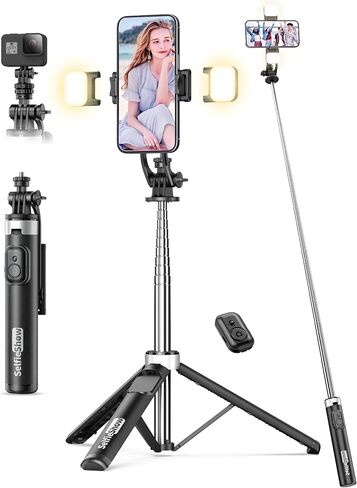53'' Selfie Stick Tripod with Light, Extendable Selfie Stick with Remote, Portable Cell Phone Tripod Stand with All in 1 Phone Clip, Lightweight Camera Tripod Compatible with iPhone 17 16 15, Android in Saudi Arabia