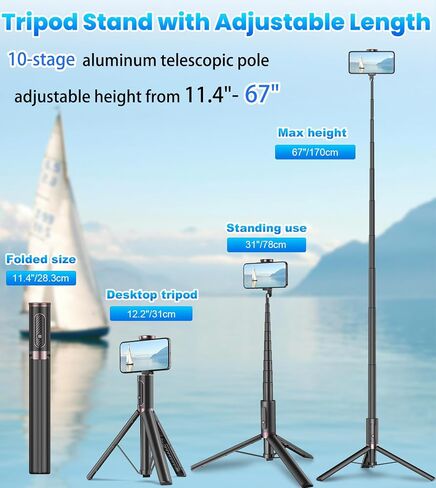 TONEOF 67" Cell Phone Selfie Stick Tripod,Smartphone Stand All-in-1 with Integrated Wireless Remote,Portable,Lightweight,Extendable for iPhone/Android(Black) in Saudi Arabia