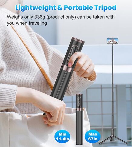 TONEOF 67" Cell Phone Selfie Stick Tripod,Smartphone Stand All-in-1 with Integrated Wireless Remote,Portable,Lightweight,Extendable for iPhone/Android(Black) in Saudi Arabia