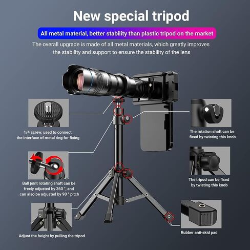 عدسة APEXEL 36X Telephoto مع حامل ثلاثي القوائم - عدسة كاميرا Pro Telephoto | لأجهزة iPhone وSamsung وPixel والمزيد - يلتقط التكبير البصري المباني البعيدة والجبال والحياة البرية بتفاصيل واضحة in Kuwait