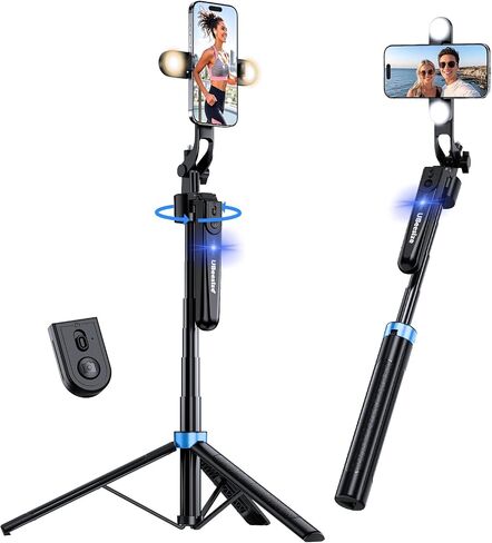UBeesize 70'' Auto Face Tracking Tripod 360° Rotation with Stand, Phone Tripod with Fill Light, Selfie Stick & Phone Stand for Recording, Vlog/Live Stream/Video/TikTok, Compatible with iPhone/Android in Saudi Arabia