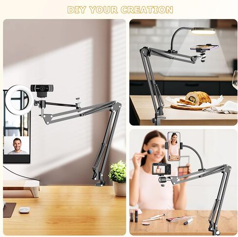Overhead Camera Mount with Ring Light, Flexible Articulating Phone Arm Stand Compatible with iPhone, Logitech Webcam, Desk Tripod for YouTube Live Stream Cooking Nail Video Recording in Saudi Arabia