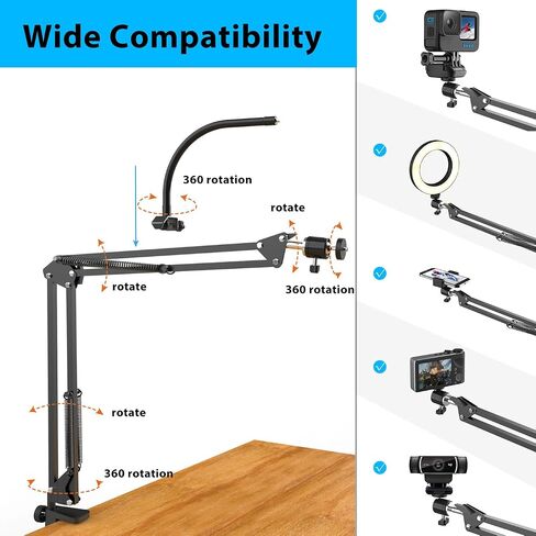 Overhead Camera Mount with Ring Light, Flexible Articulating Phone Arm Stand Compatible with iPhone, Logitech Webcam, Desk Tripod for YouTube Live Stream Cooking Nail Video Recording in Saudi Arabia