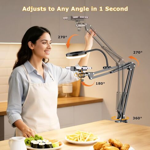 Overhead Camera Mount with Ring Light, Flexible Articulating Phone Arm Stand Compatible with iPhone, Logitech Webcam, Desk Tripod for YouTube Live Stream Cooking Nail Video Recording in Saudi Arabia