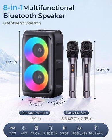 Bluetooth Speaker with 2 Wireless Microphones, Party Speaker with Colorful Lights, Wireless Speaker with HD Loud, Home Theater Systems Support TWS/AUX/USB/TF Card Ideal for Party Home Camping in Saudi Arabia