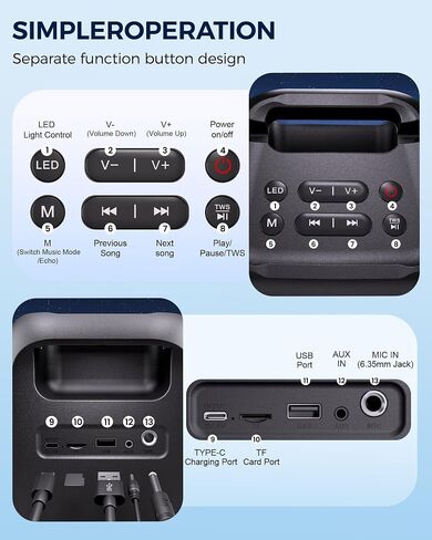 Bluetooth Speaker with 2 Wireless Microphones, Party Speaker with Colorful Lights, Wireless Speaker with HD Loud, Home Theater Systems Support TWS/AUX/USB/TF Card Ideal for Party Home Camping in Saudi Arabia